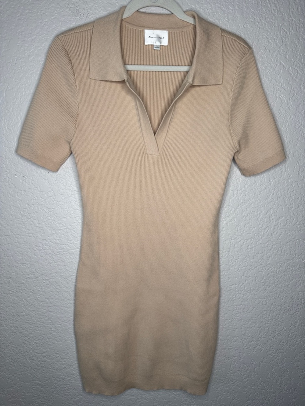 Revolve Line and Dot Brittany Ribbed Mini Dress Tan Large Bodycon Polo V Neck - Picture 2 of 7